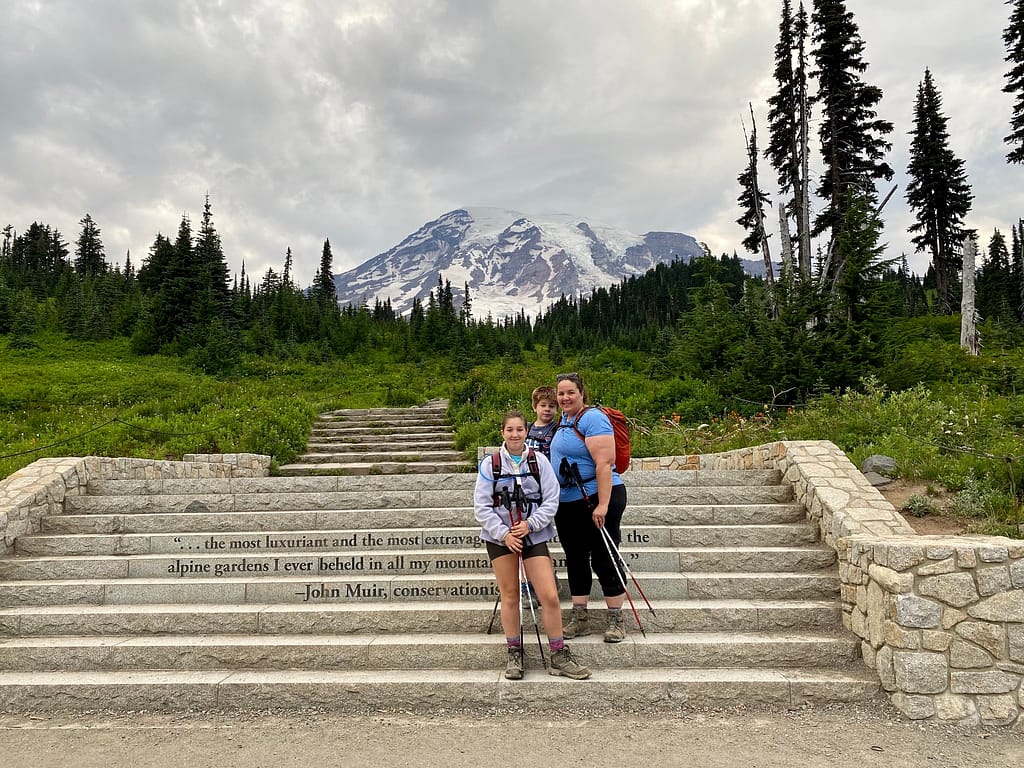The fam posing on the steps leading to the trails up Mount Rainier before our journey