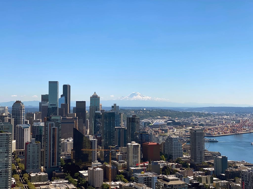 Seattle skyline looking towards Mount Rainier from the Space Needle