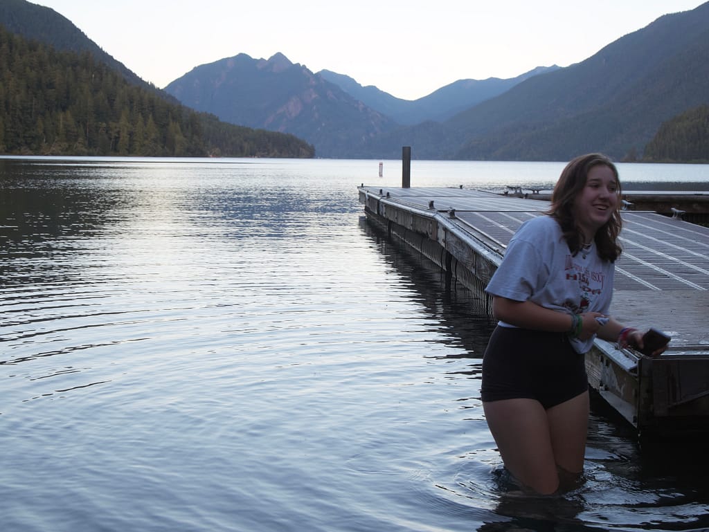 The girl in the water at Lake Crescent