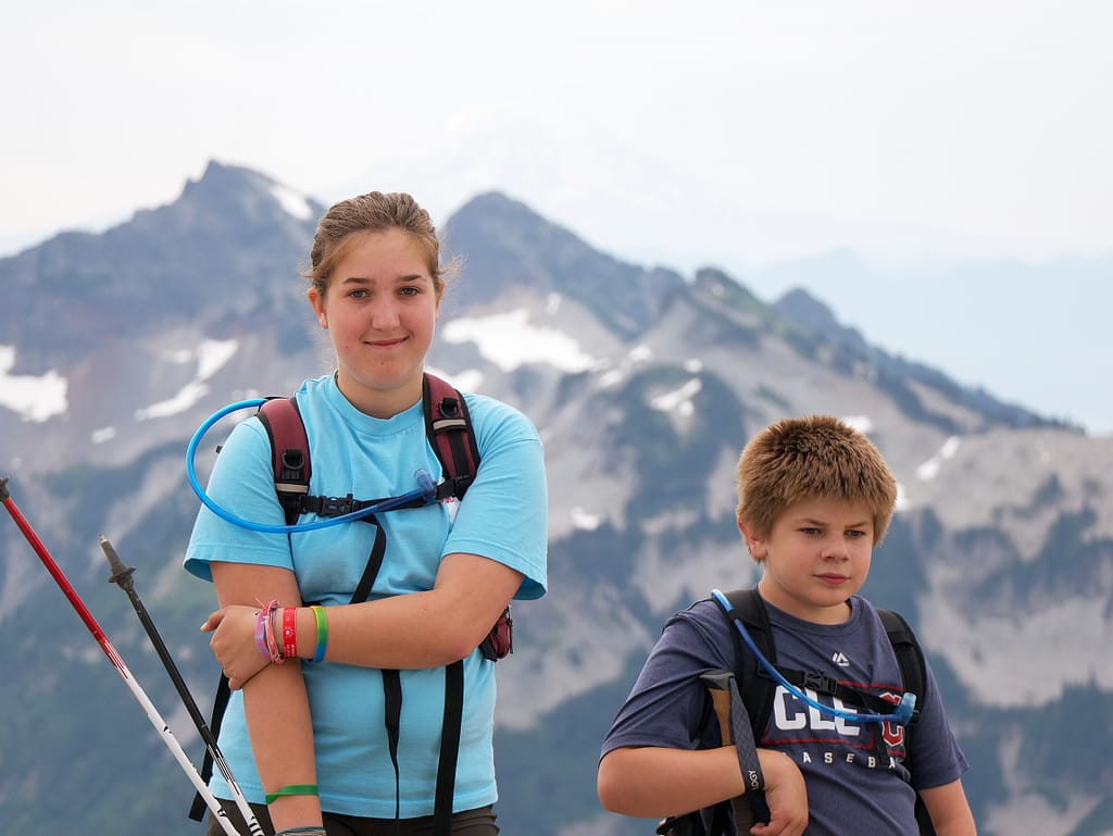 My kids posing during a hiking break on Mount Rainier